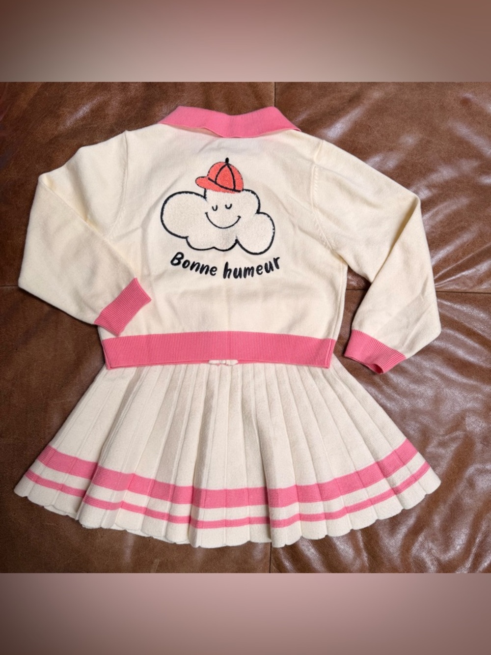 Milibam Knit Zip-up Tennis Skirt Set Pink/Cream Girls Size 130/6-7 Years